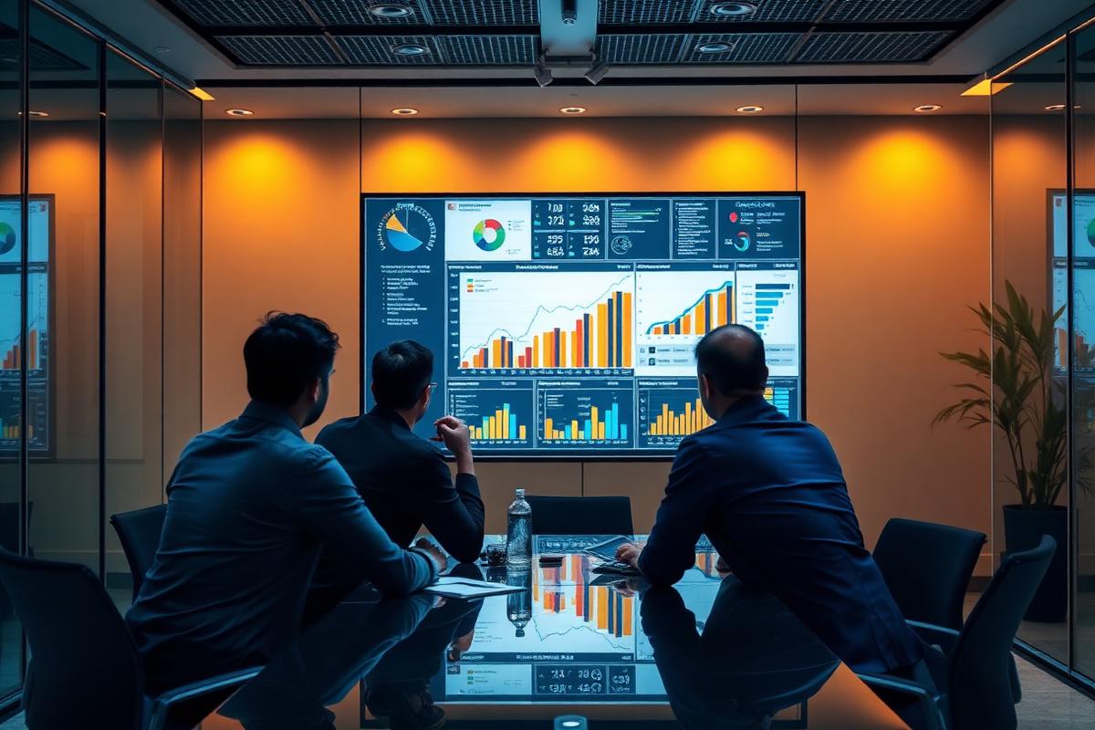 Executives reviewing financial dashboards during a virtual CFO strategy meeting
